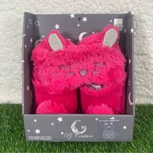 PJ Couture Girls Size 11/12 Pink Fuchsia Faux Fur Cat Eye Mask and Slipper Set